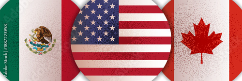Mexico U.S. Canada flags banner, background. Partnership, trade, economic, border relationship between countries	