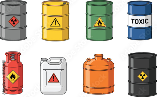 Hazardous chemical containers vector illustration set, toxic barrels, gas cylinder and warning labels, industrial safety and dangerous materials concept, isolated flat design