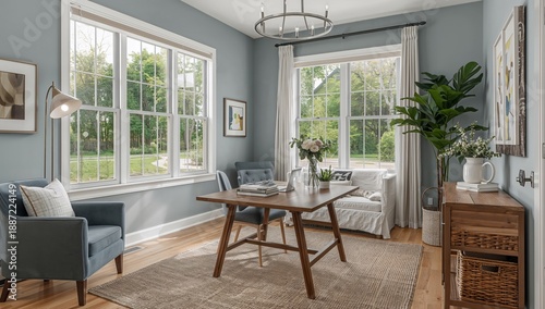 Light Fills a Cozy Room With a Table and Chairs, Perfect for Reading or Working at Any Time of Day