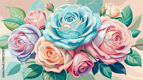 Very beautiful delicate watercolor roses blooming in soft pastel hues, featuring intricate floral details and gentle color transitions that evoke romance, elegance, and timeless botanical beauty.