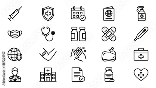 Vector set of 20 minimal line icons for vaccination and healthcare prevention including syringe, medical shield, calendar, vaccine passport, hand sanitizer, face mask, stethoscope, vials, and soap.