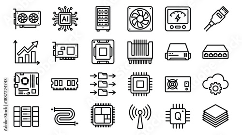 Vector Icon Set of 24 Minimal Line Icons for AI Hardware and Acceleration, Featuring GPU Card, AI Accelerator Chip, Server Rack, CPU, RAM, Motherboard, Data Flow, Cloud Computing, and Quantum Chip.