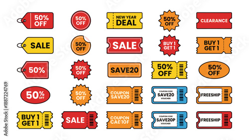 Set of colorful flat vector discount tags and promotional coupons for retail marketing. Includes sale labels, clearance stickers, buy one get one offers, and voucher codes on white background.