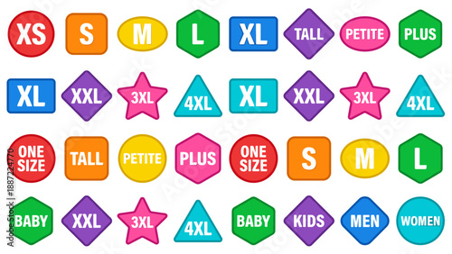 Colorful Vector Icon Set of Clothing Size Labels and Tags for Apparel Retail, Featuring XS, S, M, L, XL, XXL, 3XL, 4XL, Plus, Petite, Tall, One Size, Baby, Kids, Men, and Women in Flat Design.