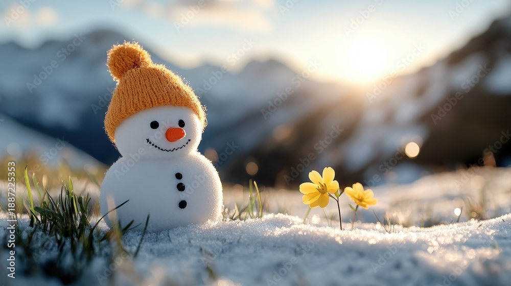 Obraz premium Melting snowman welcomes spring in a blossoming meadow