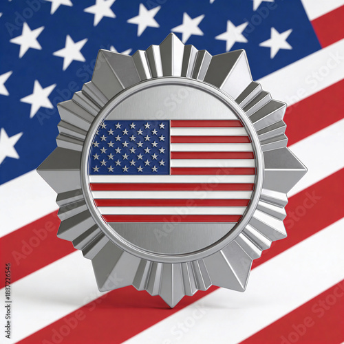 Silver badge featuring American flag on red and blue background  