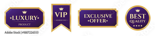 Luxury VIP membership and exclusive offer badges in gold and purple design