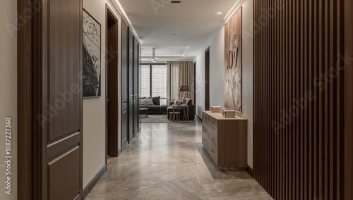 Bright Hallway Leads to Living Area in Modern Apartment in the Afternoon Light
