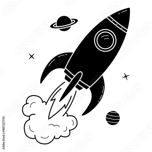 Rocket icon in glyph style. Spaceship icon in glyph style. Rocket Launching in Outer Space Exploration Concept