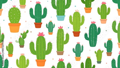 Cactus pattern with various potted cacti and pink flowers.