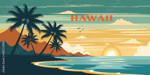 Beautiful Hawaii island sunset vector with coastline, palm trees, and ocean. Ideal for travel ads, summer posters, beach branding, and tropical designs.