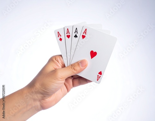 Hand Holding Four Aces Playing Cards on White Background.