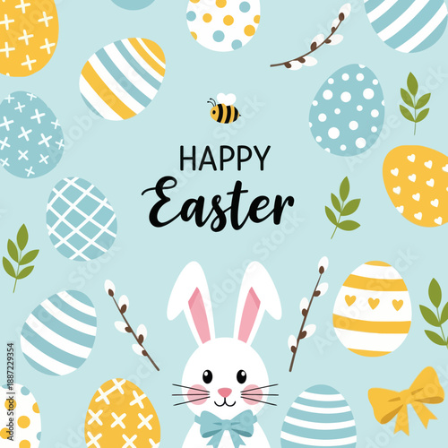 Happy Easter Greeting Card with Cute White Bunny, Colorful Patterned Eggs, Pussy Willow, and a Small Bee on Light Blue Background. Festive Spring Illustration for Celebration and Decoration.