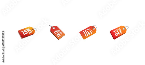 Collection of vibrant 15% off discount tags ready for various promotional offers