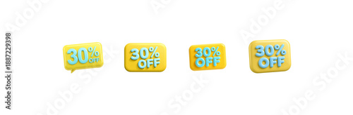 Four vibrant 3d rendered yellow and blue 30% off discount tags for promotion