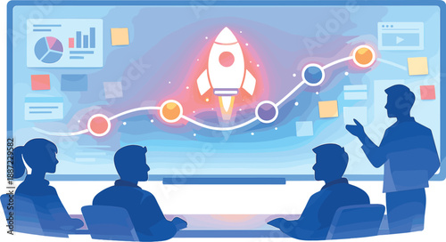 Startup Kickoff Scene. Founder pitch kickoff scene with team silhouettes around a large digital whiteboard, glowing rocket icon