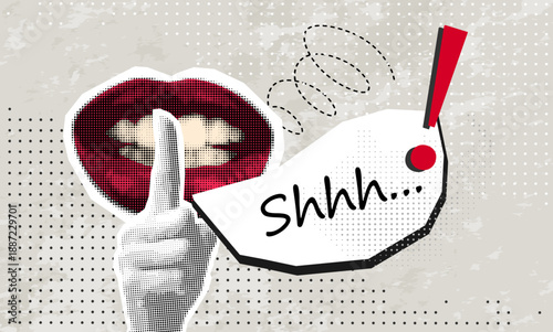 Trendy halftone collage  finger lips gesture symbolizing shh silence, shut up, protest and provocative expression. Shut Up Lips and Finger Gesture – Silence Hand Signs, 