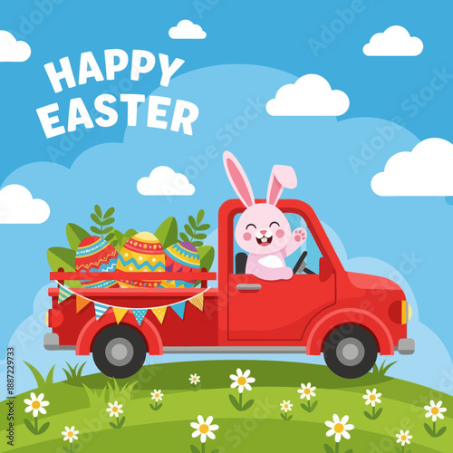Happy Easter Day Celebration Concept with Cute Bunny Driving Truck and Carrying Colorful Painted Eggs, Spring Landscape with Flowers and Rabbits, Holiday Greeting Vector Illustration.