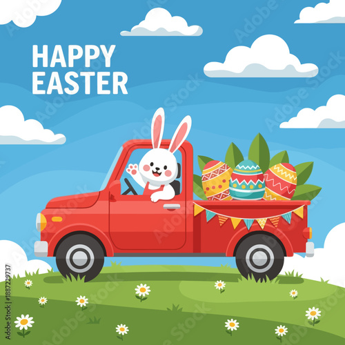 Happy Easter Day Celebration Concept with Cute Bunny Driving Truck and Carrying Colorful Painted Eggs, Spring Landscape with Flowers and Rabbits, Holiday Greeting Vector Illustration.