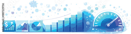 Winter Sales Dashboard. Winter sales dashboard with rising bar blocks, abstract revenue tiles, and a glowing speedometer gauge,