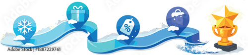 Winter Sales Roadmap. Roadmap ribbon with highlighted winter campaign milestones and a glowing trophy-star outcome icon, sparkle