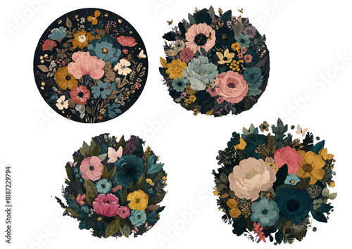 Set of moody vintage style dark floral round bouquets with colorful flowers (Oil painting art concept) (화려한 꽃이 있는 감성적인 빈티지 스타일 다크 플로럴 원형 꽃다발 세트 - 유화 예술 컨셉)