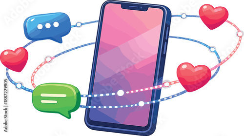 Digital Dating Connections. Chat bubbles and emoji hearts orbiting a smartphone, glow dots linking bubbles to show constant
