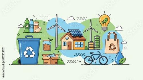 Eco friendly living concept with recycling symbols and renewable energy sources