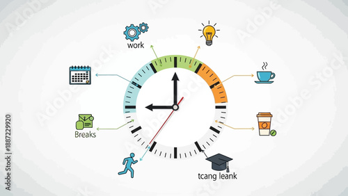 Time management concept with clock and daily activities icons
