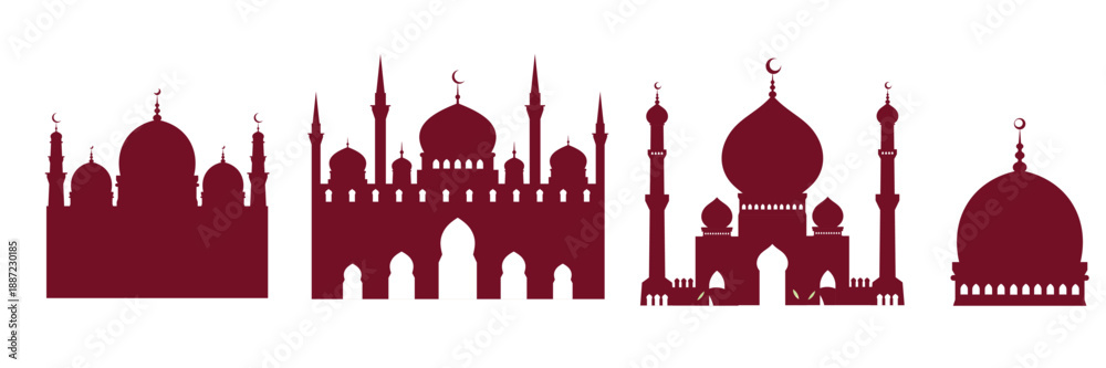 Fototapeta premium Vector Illustration Set of Four Maroon Islamic Mosque Silhouettes with Domes, Minarets, and Crescent Moons