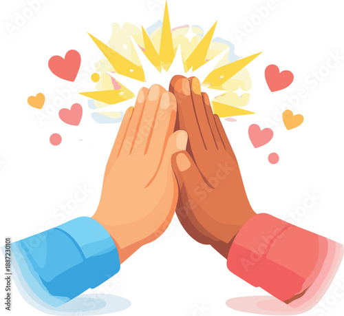 Joyful High-Five. Two hands high-fiving with a sparkle burst and small heart particles, soft shadows and wide negative space for