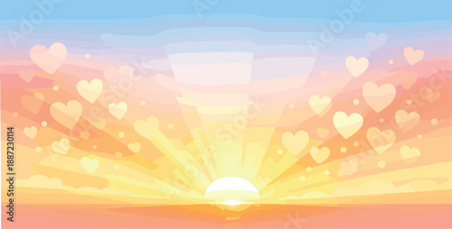 Sunrise Bokeh Bliss. Sunrise horizon with warm glow rays and floating heart-like bokeh particles, airy negative space suggesting