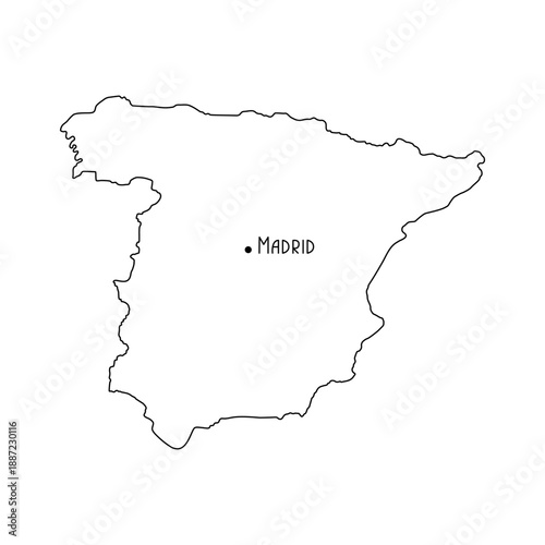 Map of Spain country detailed accurate border line simple hand drawn minimalist outline vector illustration, blank template with Madrid capital city for geography, travel, educational design projects