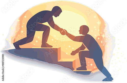 Community Support Illustration. Helping hands scene with one person silhouette lifting another up a small step, gentle glow halo