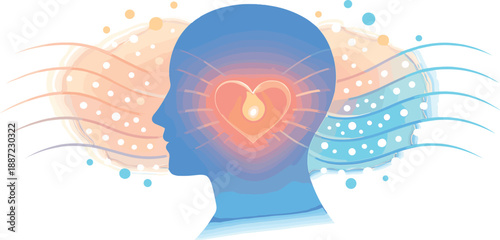 Heart-Centered Calm. Calm head silhouette with a glowing heart core and smooth wave lines radiating outward, glow dots expanding