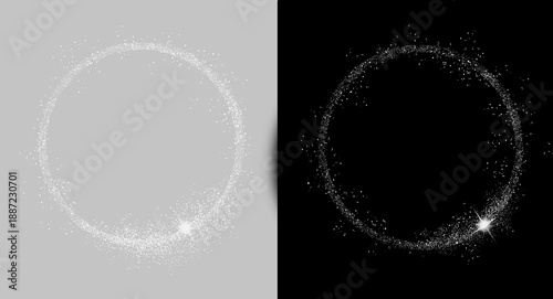 silver glitter cirlce frame with sparkling stars isolated on transparent background illustration, luxury metallic border, clip art, png.	