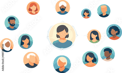 Diverse Network Connection. Network of diverse profile icons connected by thin glowing lines, one central node softly glowing to