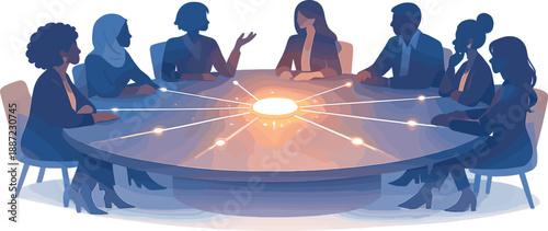 Empowered Women Collaboration. Boardroom scene with diverse silhouettes around a round table and a glowing central hub node, thin