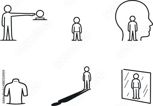 Self-Perception Icons. Line style vector icons of self-perception distortion: extended reach illusion, reduced height illusion,