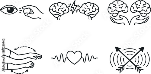 Neural Observation Icons. Line style vector icons of neural mirroring during observation: watching grasp motion, parallel neural