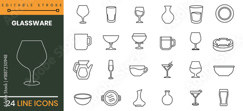 Glassware line icons set editable stroke various drink glasses cups and dishes collection