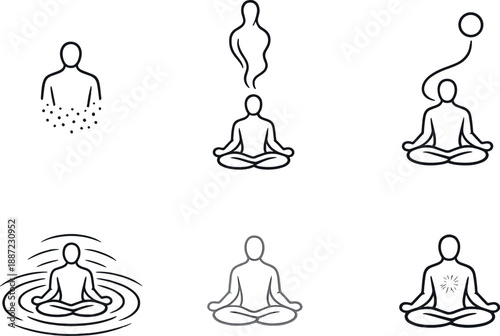 Meditative Disembodiment Icons. Line style vector icons of meditative disembodiment: dissolving torso outline, rising spirit shape