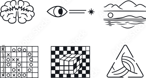 Cognitive-Sensory Mismatch Icons. Line style vector icons of cognitive–sensory mismatch: neural misfire arc, untriggered stimulus