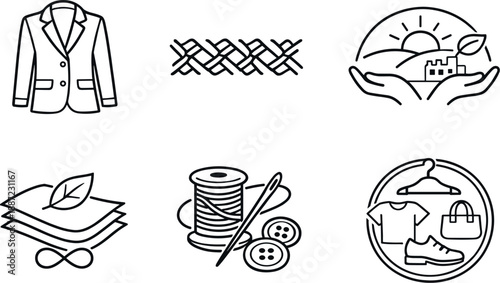 Slow Fashion Icons. Line style vector icons of slow fashion: timeless garment outline, durability stitch pattern, mindful