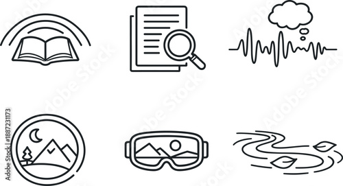 Slow Media Icons. Line style vector icons of slow media: longform reading arc, deep-focus page outline, thoughtful audio wave,