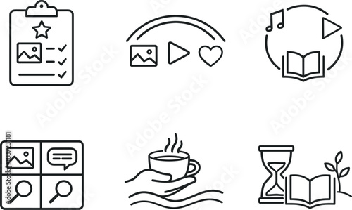 Curated Media Icons. Line style vector icons of quality-over-quantity media: curated content outline, selective feed arc,