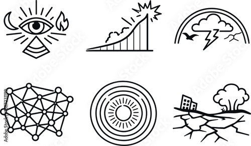 Apocalyptic Icon Dynamics. Line style vector icons of apocalyptic narrative dynamics: prophetic-symbol outline, threat crescendo