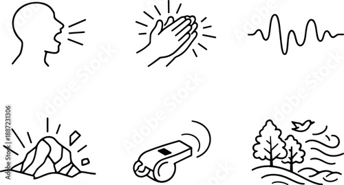 Sound Source Icons. Line style icons of sound sources: shouting figure outline, hand clap spark, instrument tone wave, rock impact