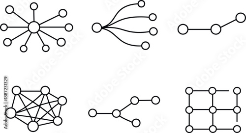 Divergent Thinking Icons. Line style icons of divergent thinking networks: wide-spread connection map, multi-branch arc, remote