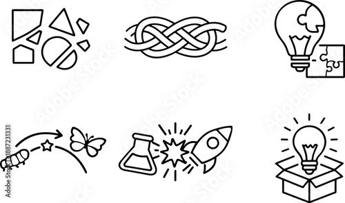Creative Restructuring Icons. Line style icons of creative restructuring: fragmented concept shapes, recombination knot, hybrid